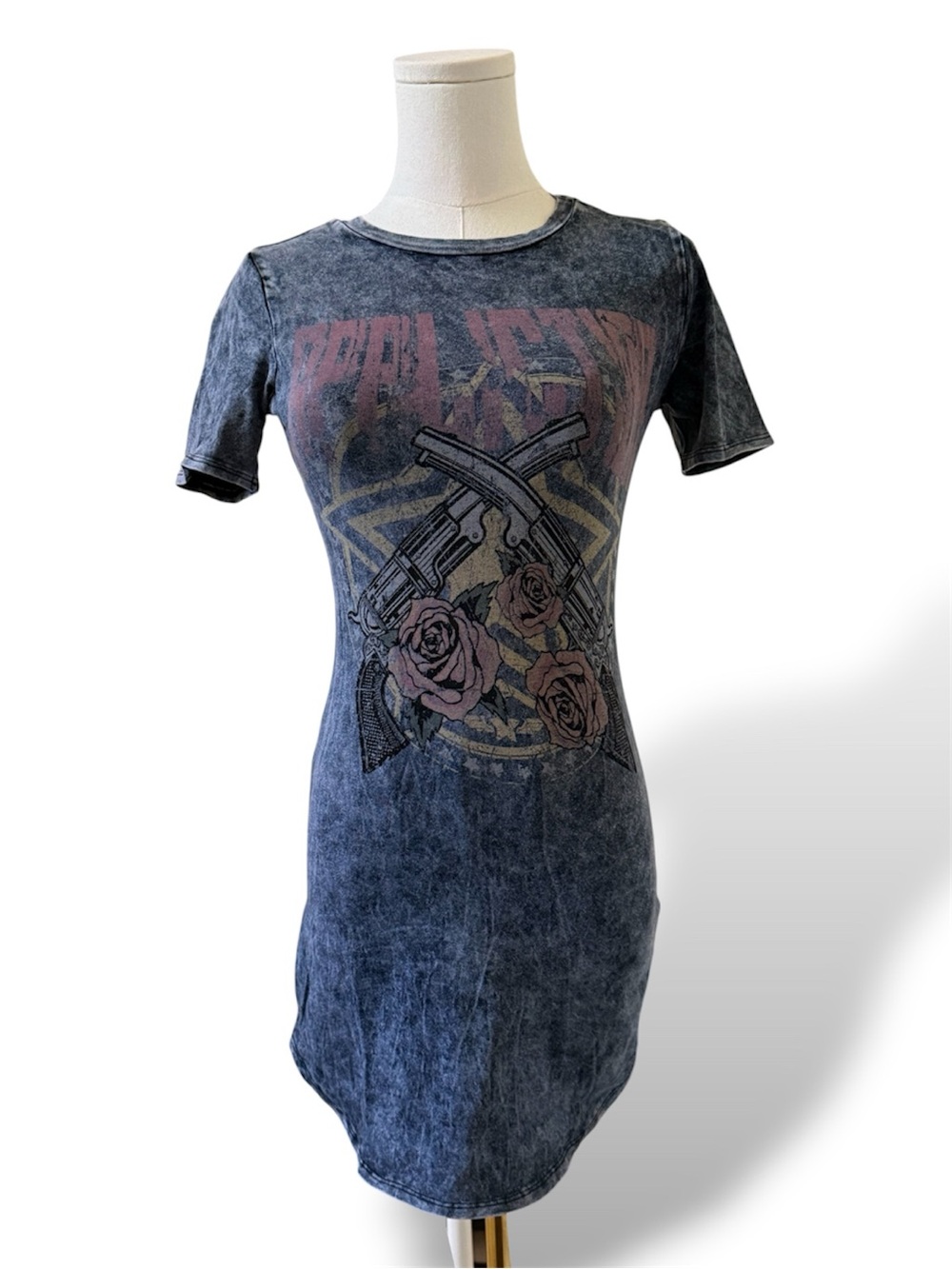 Vintage-Inspired Blue Graphic Tee Dress with Rose and Guns